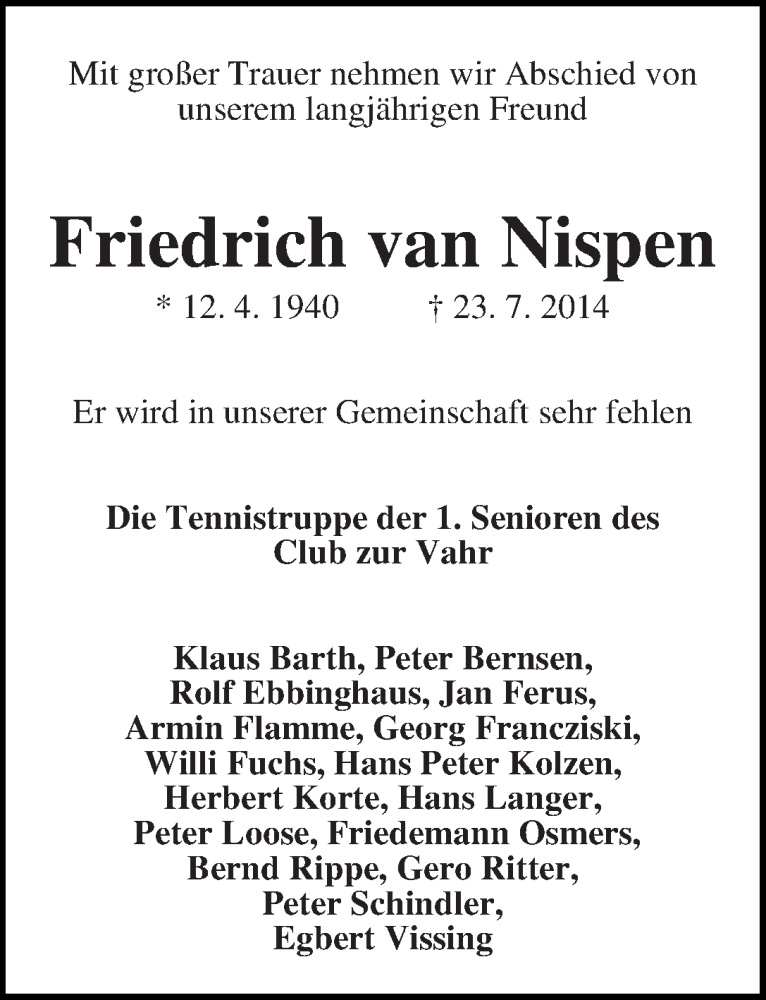 Traueranzeige von Friedrich van Nispen von WESER-KURIER