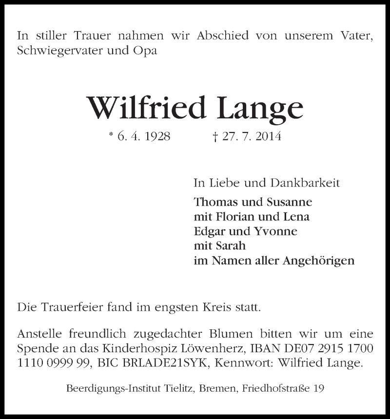 Traueranzeige von Wilfried Lange von WESER-KURIER