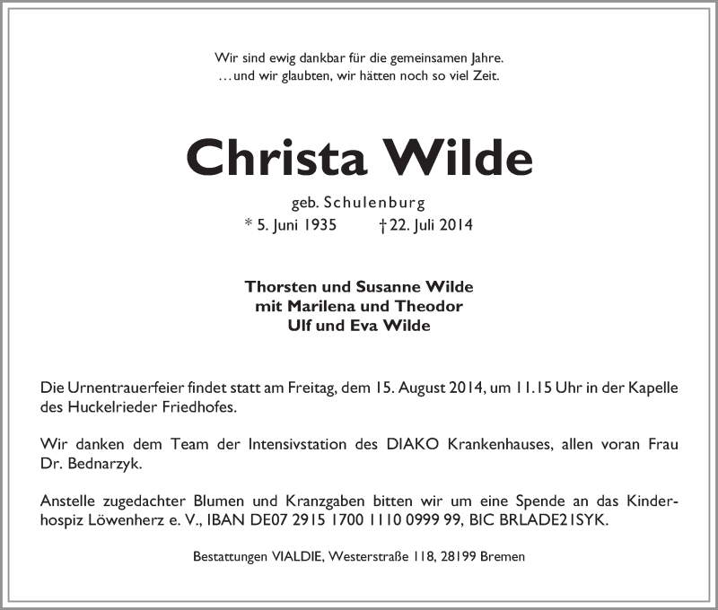 Traueranzeige von Christa Wilde von WESER-KURIER