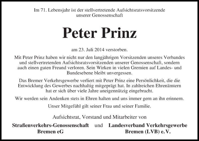 Traueranzeige von Peter Prinz von WESER-KURIER