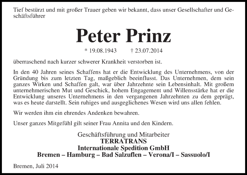 Traueranzeige von Peter Prinz von WESER-KURIER