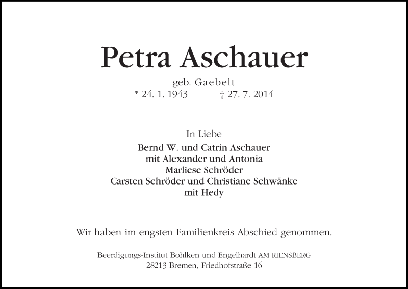 Traueranzeige von Petra Aschauer von WESER-KURIER