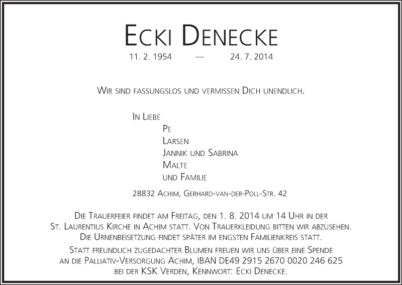 Traueranzeige von Eckhard (Ecki) Denecke von Achimer Kurier/Verdener Nachrichten