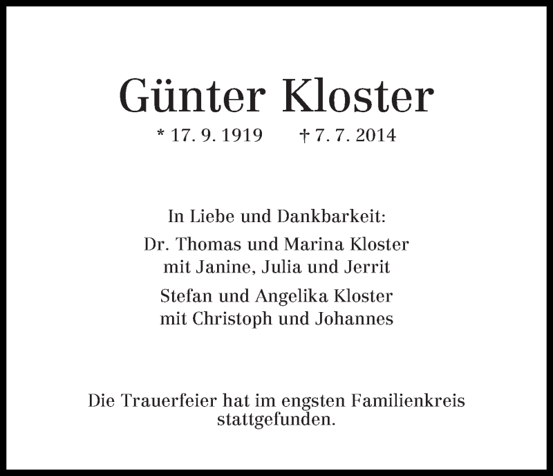 Traueranzeige von Günter Kloster von WESER-KURIER