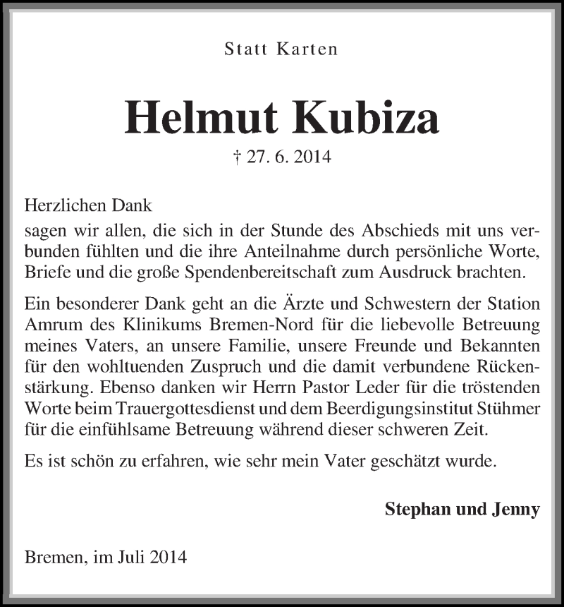 Traueranzeige von Helmut Kubiza von Die Norddeutsche