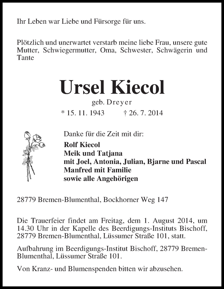 Traueranzeige von Ursel Kiecol von Die Norddeutsche