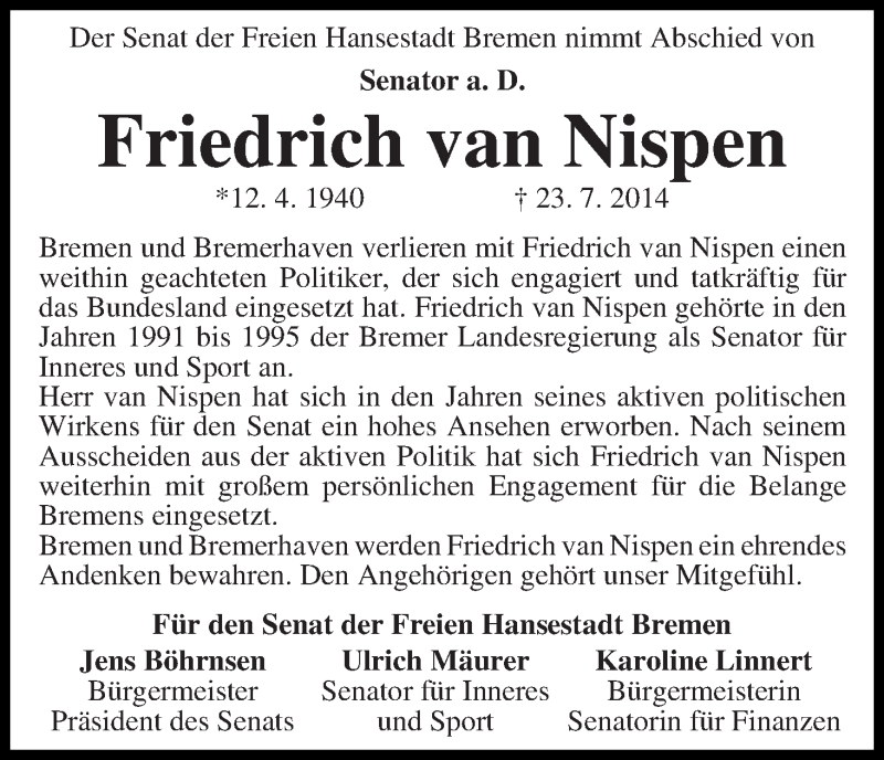 Traueranzeige von Friedrich van Nispen von WESER-KURIER