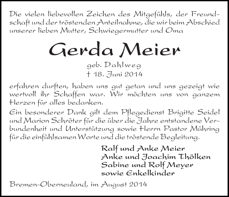 Traueranzeige von Gerda Meier von Wuemme Zeitung