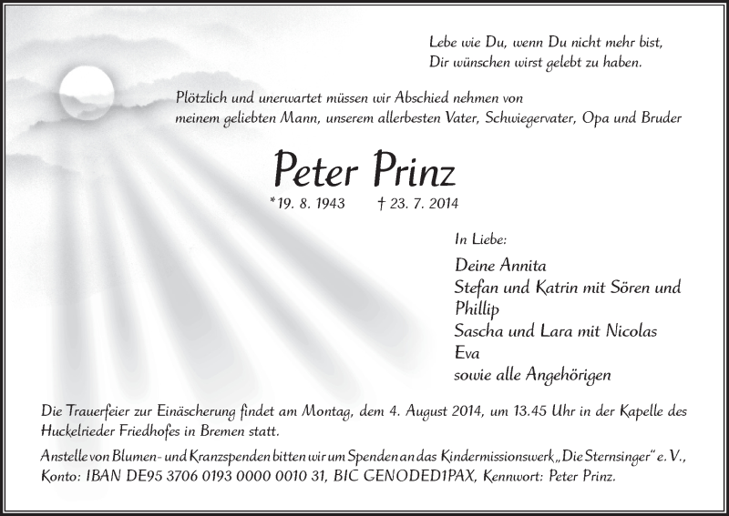 Traueranzeige von Peter Prinz von WESER-KURIER