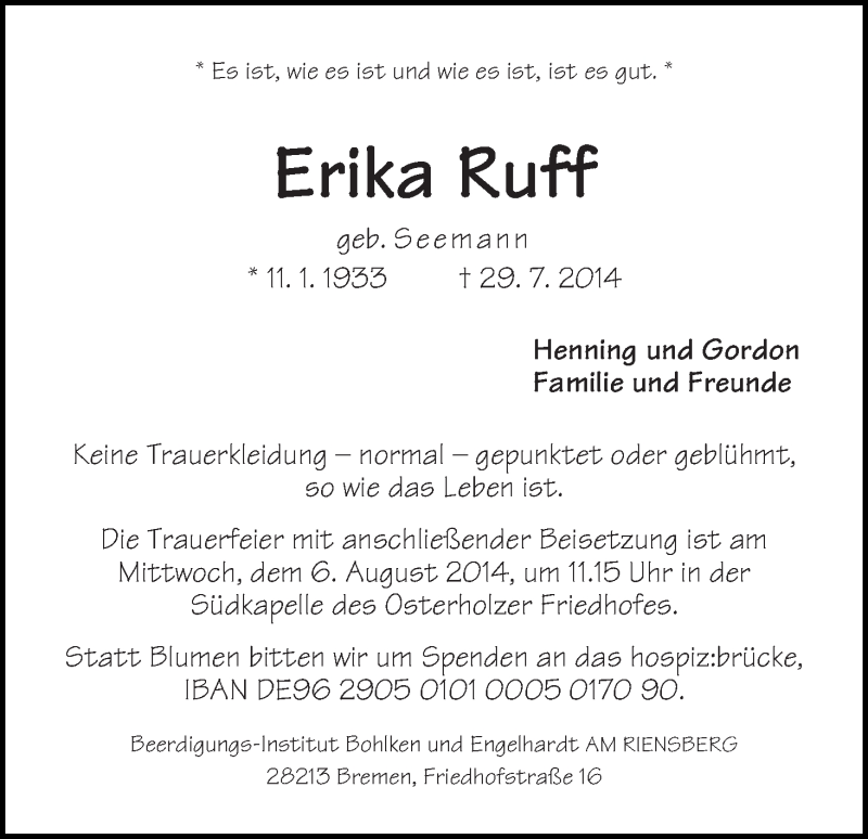 Traueranzeige von Erika Ruff von WESER-KURIER