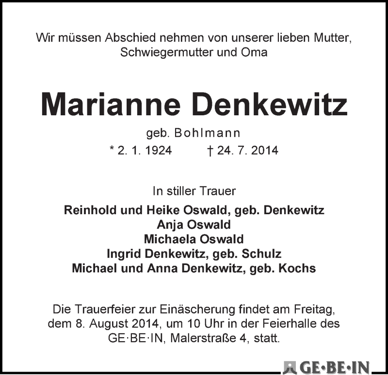 Traueranzeige von Marianne Denkewitz von WESER-KURIER