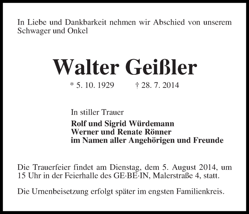 Traueranzeige von Walter Geißler von WESER-KURIER