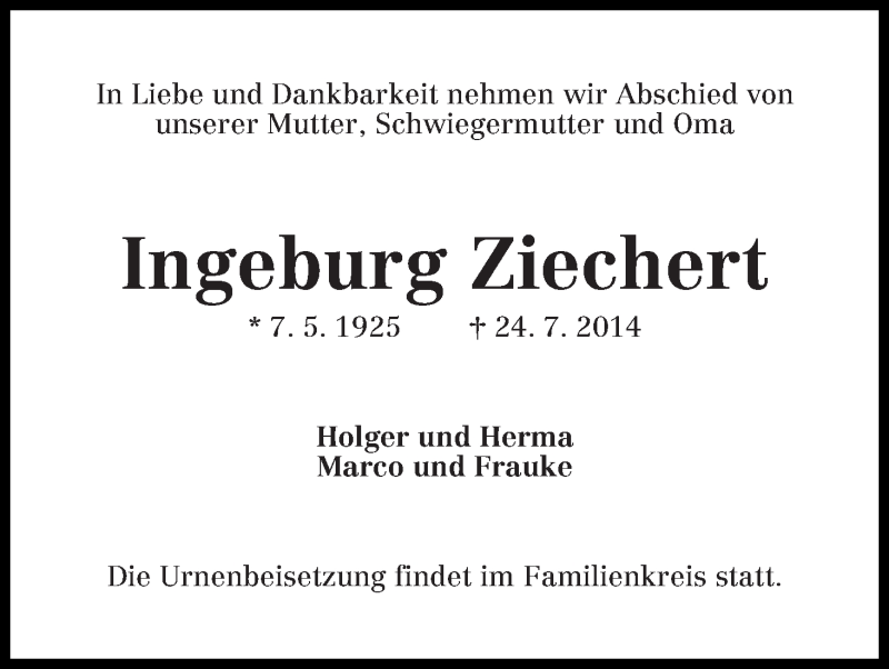 Traueranzeige von Ingeburg Ziechert von WESER-KURIER