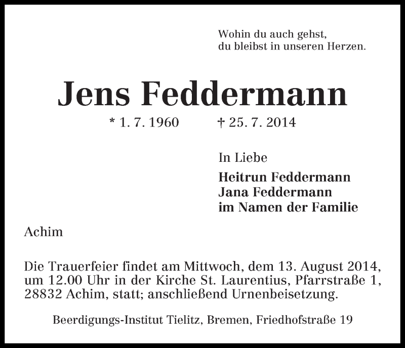 Traueranzeige von Jens Feddermann von WESER-KURIER