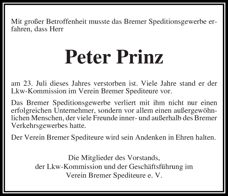 Traueranzeige von Peter Prinz von WESER-KURIER