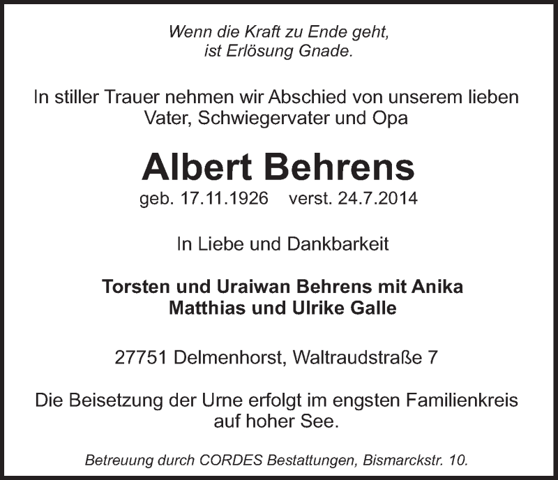 Traueranzeige von Albert Behrens von WESER-KURIER