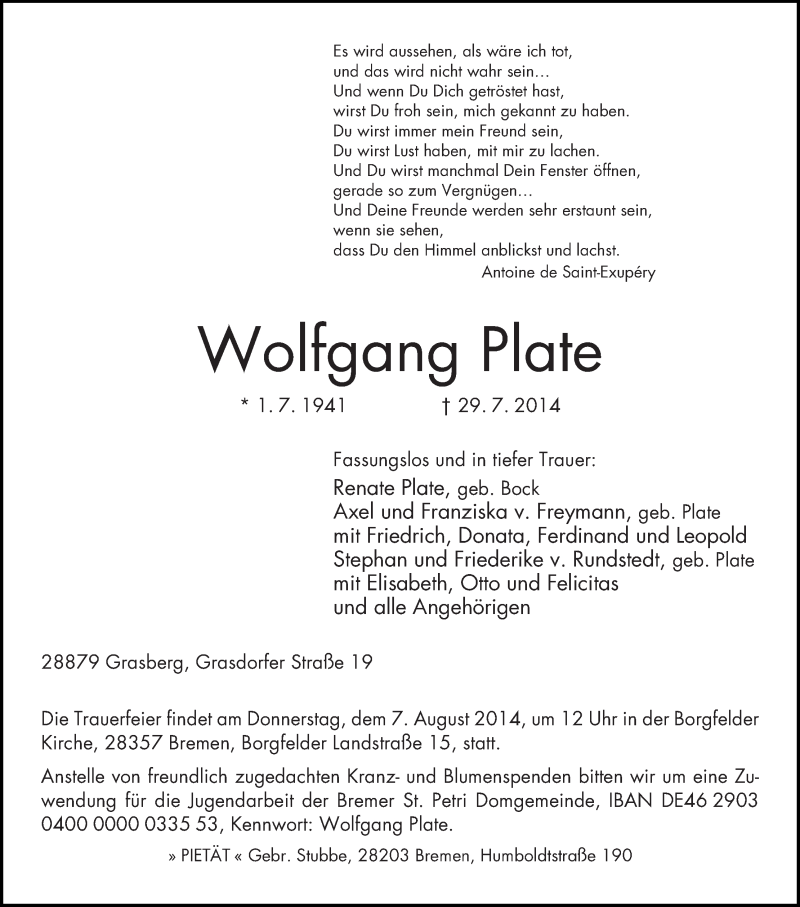 Traueranzeige von Wolfgang Plate von WESER-KURIER