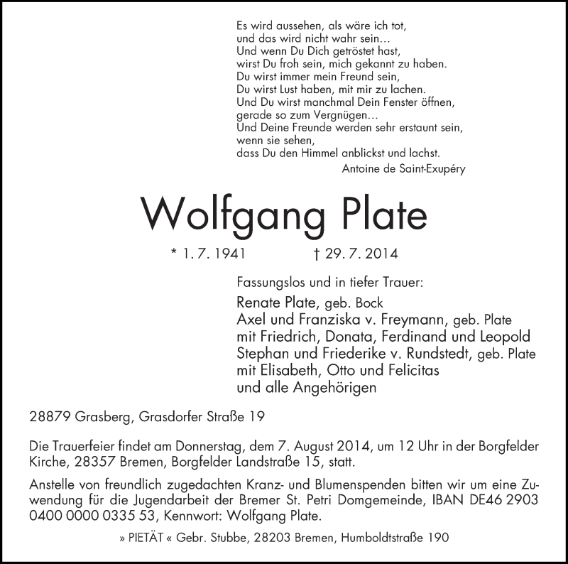 Traueranzeige von Wolfgang Plate von Wuemme Zeitung
