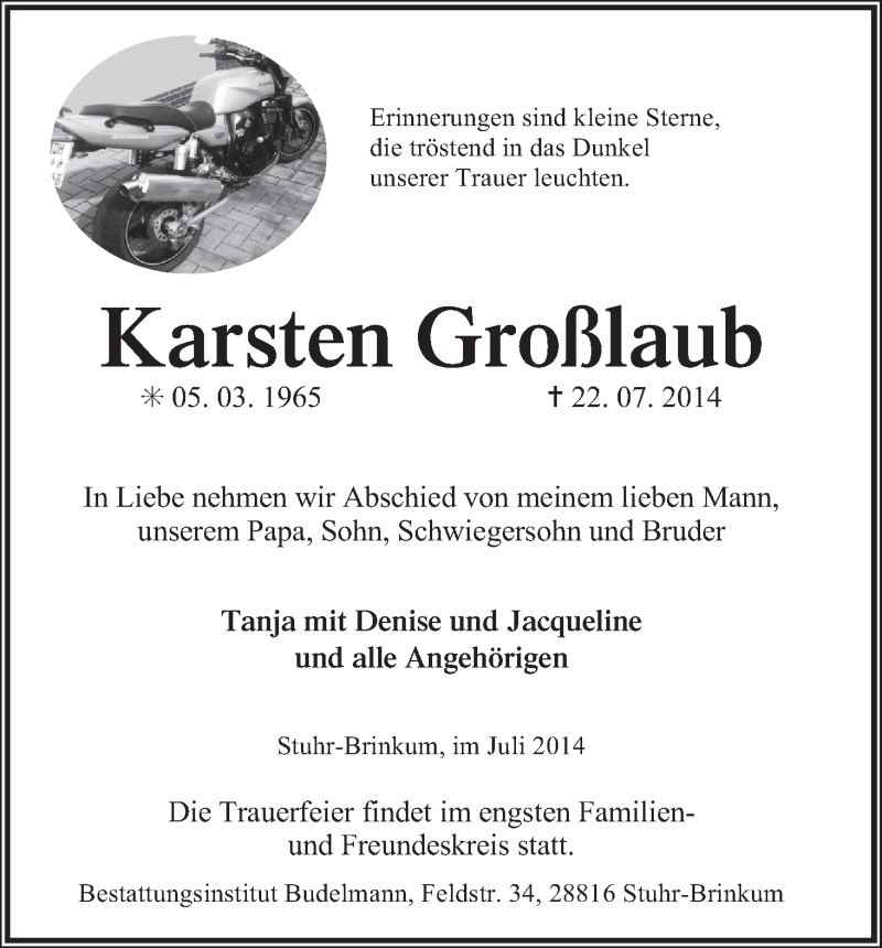 Traueranzeige von Karsten Großlaub von Regionale Rundschau/Syker Kurier