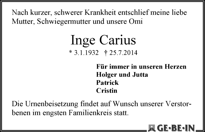 Traueranzeige von Inge Carius von WESER-KURIER