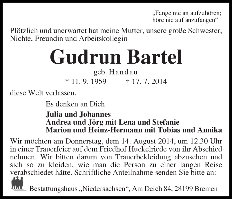 Traueranzeige von Gudrun Bartel von WESER-KURIER