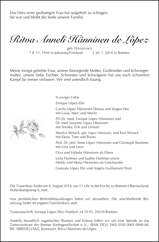 Traueranzeige von Ritva Anneli Hänninen  de Lopez von WESER-KURIER