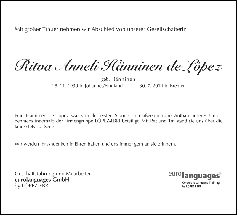 Traueranzeige von Ritva Anneli Hänninen  de Lopez von WESER-KURIER
