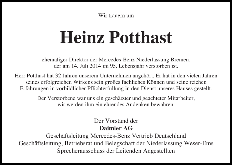 Traueranzeige von Heinz Potthast von WESER-KURIER