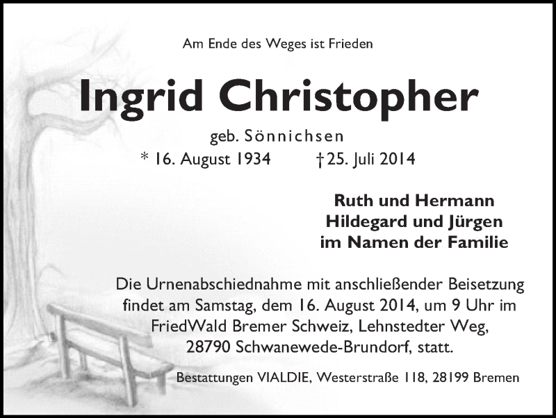 Traueranzeige von Ingrid Christopher von WESER-KURIER