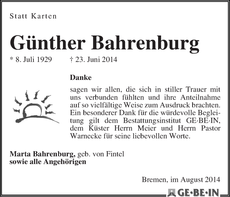 Traueranzeige von Günther Bahrenburg von WESER-KURIER