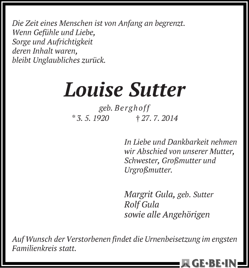 Traueranzeige von Louise Sutter von WESER-KURIER