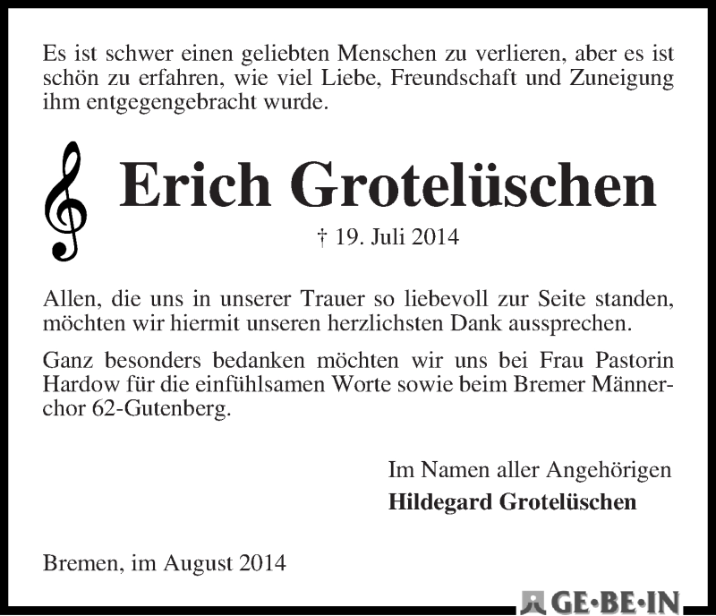 Traueranzeige von Erich Grotelüschen von WESER-KURIER