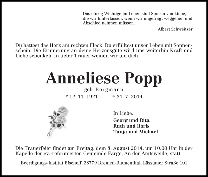 Traueranzeige von Anneliese Popp von Die Norddeutsche