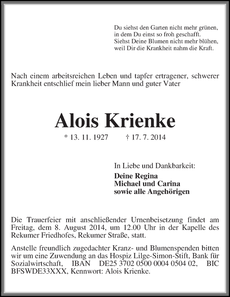 Traueranzeige von Alois Krienke von Die Norddeutsche
