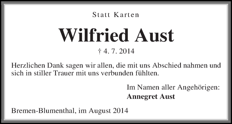 Traueranzeige von Wilfried Aust von Die Norddeutsche