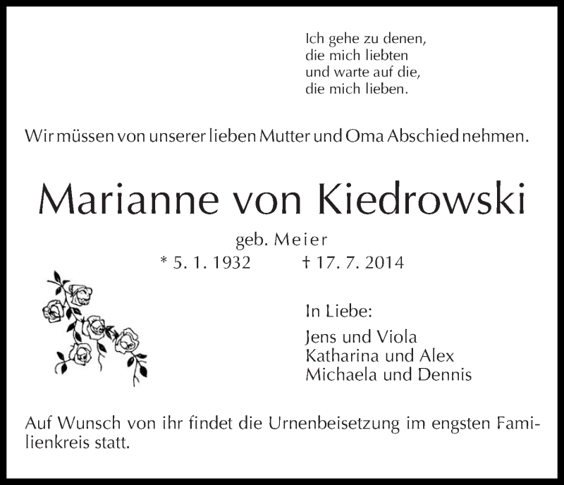 Traueranzeige von Marianne von Kiedrowski von WESER-KURIER
