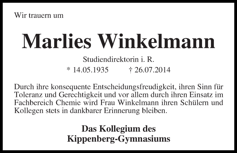 Traueranzeige von Marlies Winkelmann von WESER-KURIER