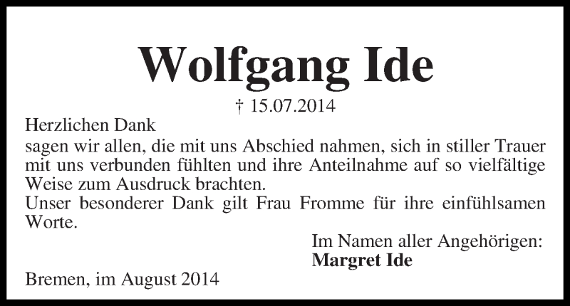 Traueranzeige von Wolfgang Ide von WESER-KURIER