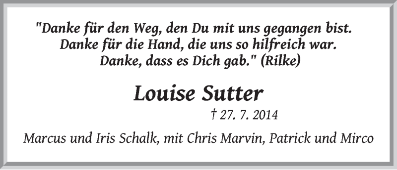 Traueranzeige von Louise Sutter von WESER-KURIER