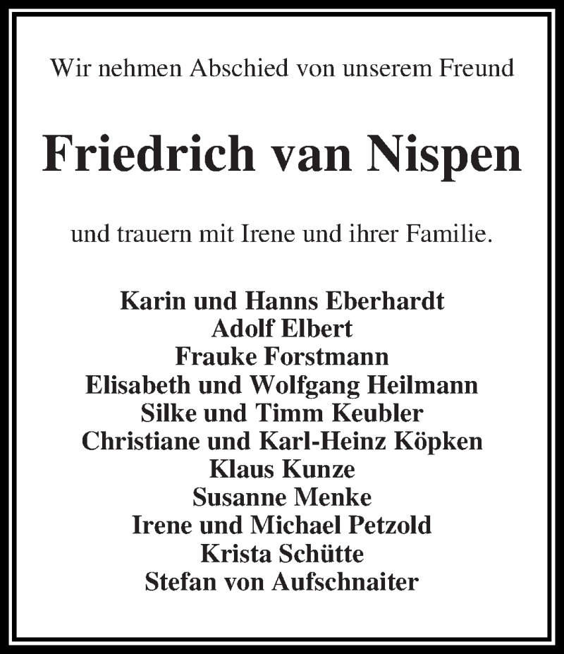 Traueranzeige von Friedrich van Nispen von WESER-KURIER