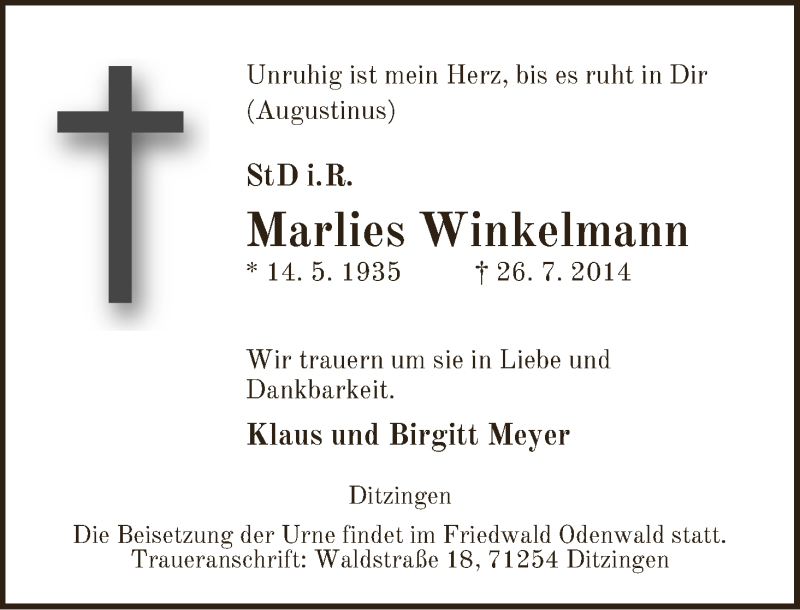 Traueranzeige von Marlies Winkelmann von WESER-KURIER