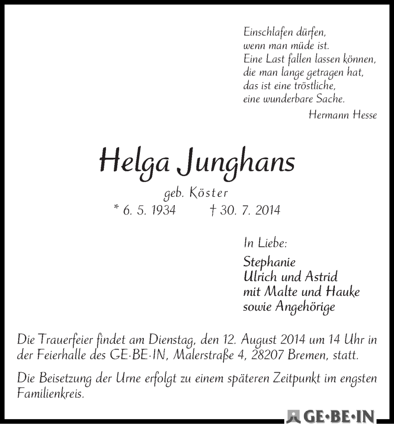 Traueranzeige von Helga Junghans von WESER-KURIER
