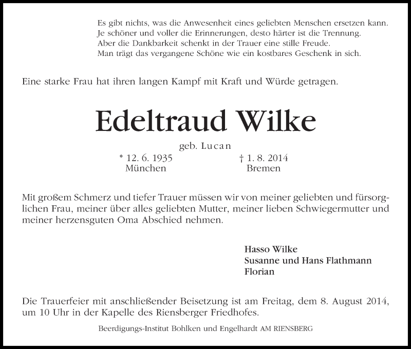 Traueranzeige von Edeltraud Wilke von WESER-KURIER