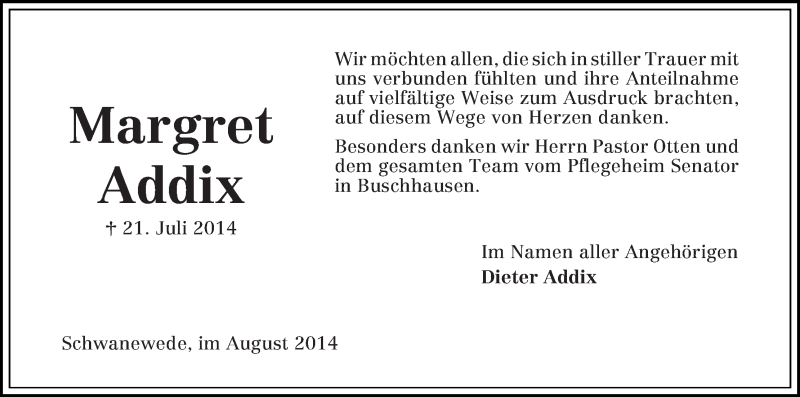 Traueranzeige von Margret Addix von Die Norddeutsche