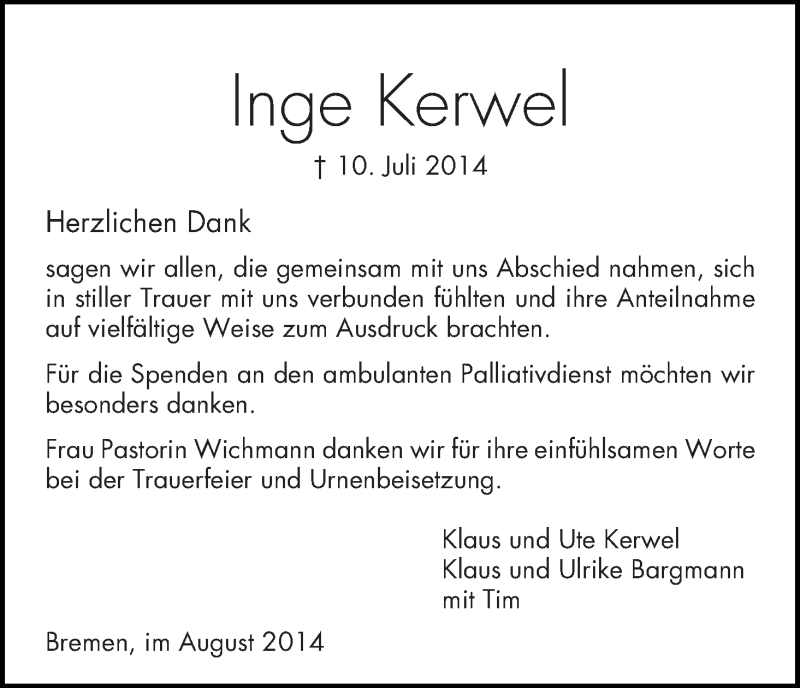 Traueranzeige von Inge Kerwel von WESER-KURIER