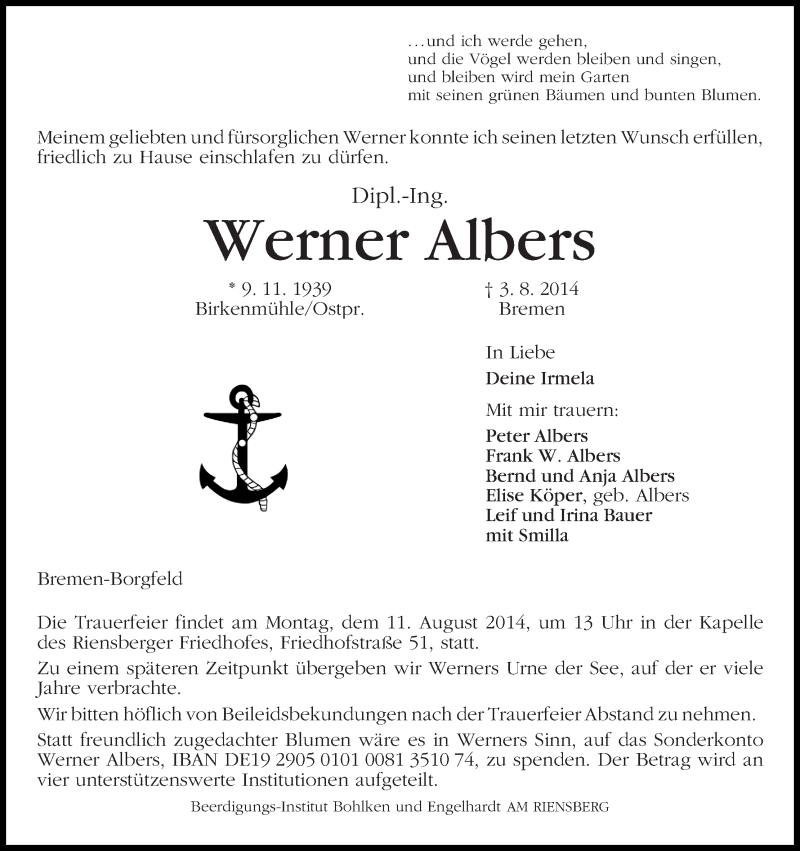 Traueranzeige von Werner Albers von WESER-KURIER