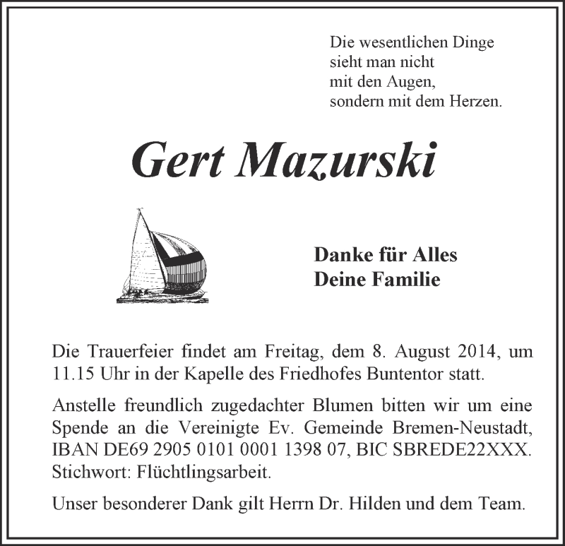 Traueranzeige von Gert Mazurski von WESER-KURIER