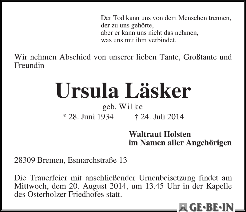 Traueranzeige von Ursula Läsker von WESER-KURIER
