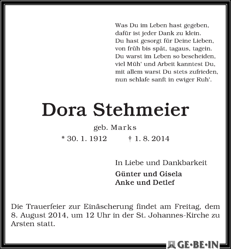 Traueranzeige von Dora Stehmeier von WESER-KURIER