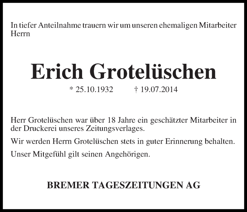 Traueranzeige von Erich Grotelüschen von WESER-KURIER
